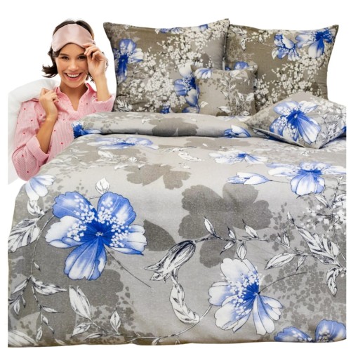 Komplet Pościeli Flanelowej 220x200 2x70x80 Kwiatowy Szary