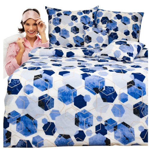 Komplet Pościeli Flanelowej 160x200 2x70x80 Geometryczny Niebieski