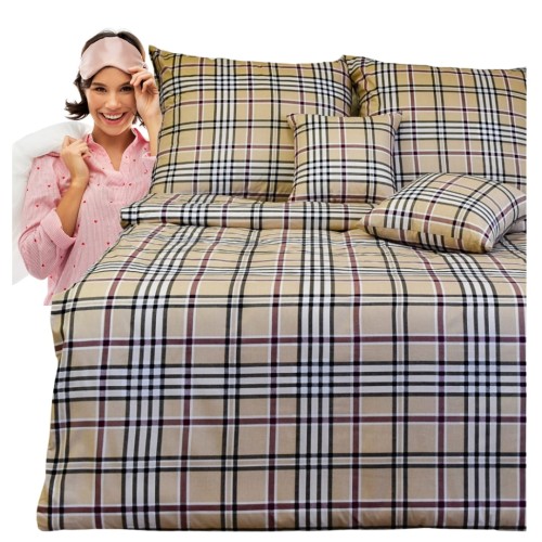 Komplet Pościeli Bawełnianej 200x220 2x70/80 Krata Beżowa