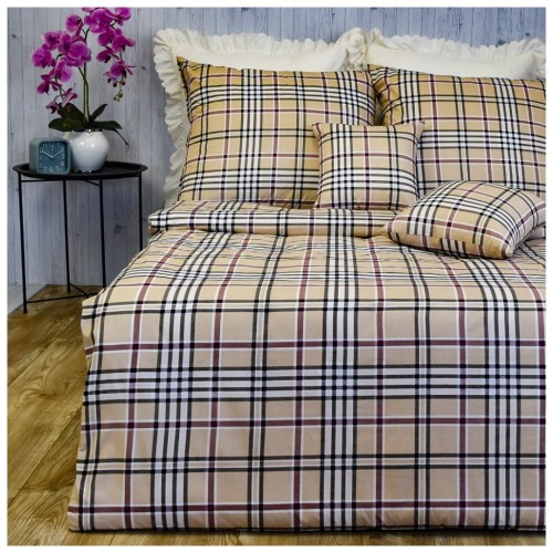Komplet Pościeli Bawełnianej 200x220 2x70/80 Krata Beżowa