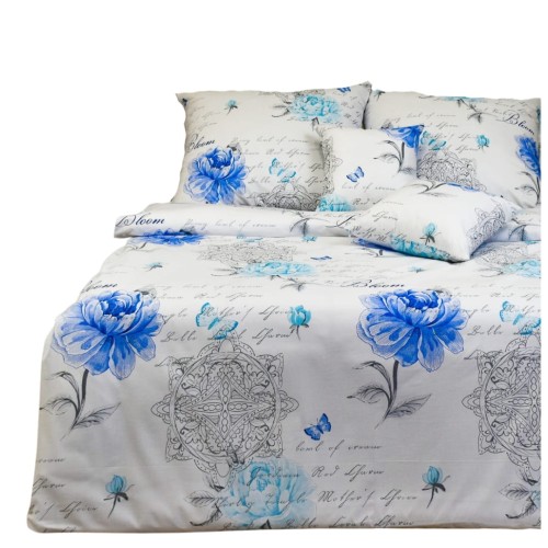 Komplet Pościeli Bawełnianej 140x200 2x70/80 Motyle Piwonie Niebieskie