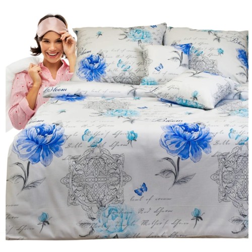 Komplet Pościeli Bawełnianej 140x200 2x70/80 Motyle Piwonie Niebieskie