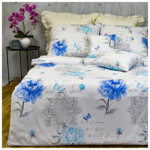 Komplet Pościeli Bawełnianej 160x200 2x70/80 Motyle Piwonie Niebieskie