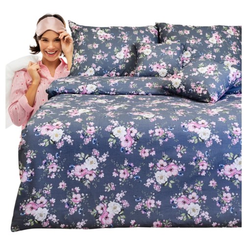 Komplet Pościeli Bawełnianej 160x200 2x70/80 Wiosna Jabłonka Szara