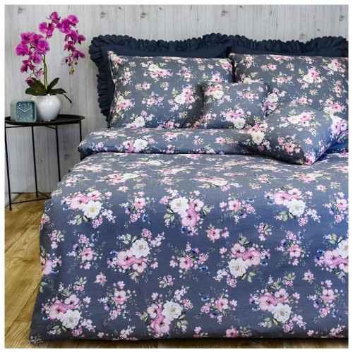 Komplet Pościeli Bawełnianej 200x220 2x70/80 Wiosna Jabłonka Szara