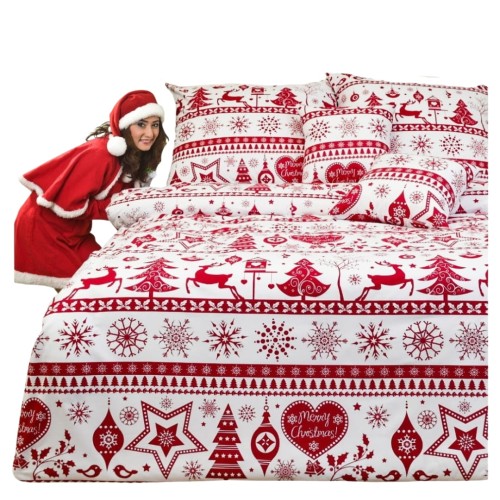 Komplet Pościeli Świątecznej 160x200 2x70/80 Sweterek Czerwony