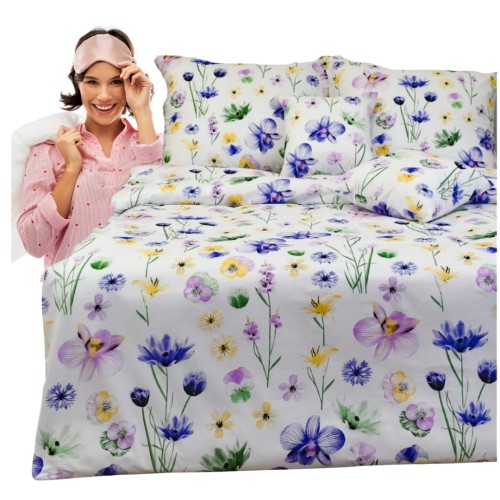 Komplet Pościeli Bawełnianej 140x200 2x70/80 Malowane Bratki Na Białym