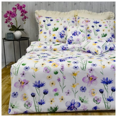 Komplet Pościeli Bawełnianej 200x220 2x70/80 Malowane Bratki Na Białym