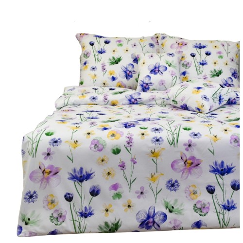 Komplet Pościeli Bawełnianej 140x200 1x70/80 Malowane Bratki Na Białym