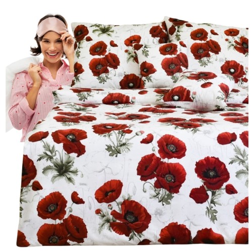 Komplet Pościeli Bawełnianej 220x200 2x70/80 Maki Krem