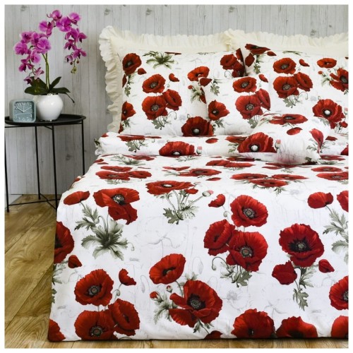 Komplet Pościeli Bawełnianej 220x200 2x70/80 Maki Krem