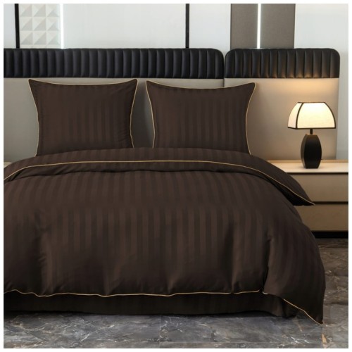 Pościel Z Lamówką 160x200 2x70x80 Brązowa Adamaszkowa Pasy