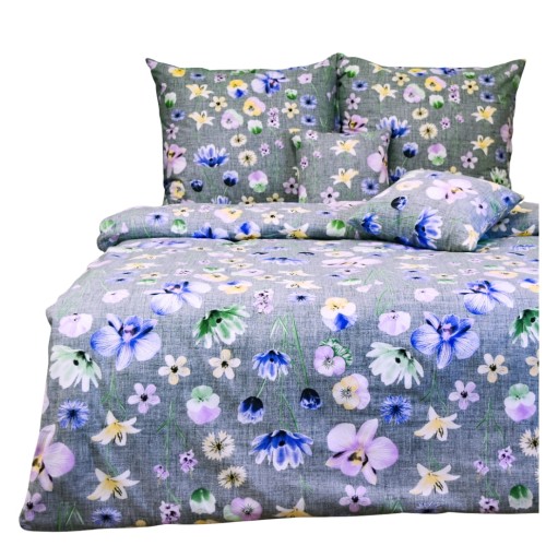 Komplet Pościeli Bawełnianej 160x200 2x70/80 Malowane Bratki Na Szarym