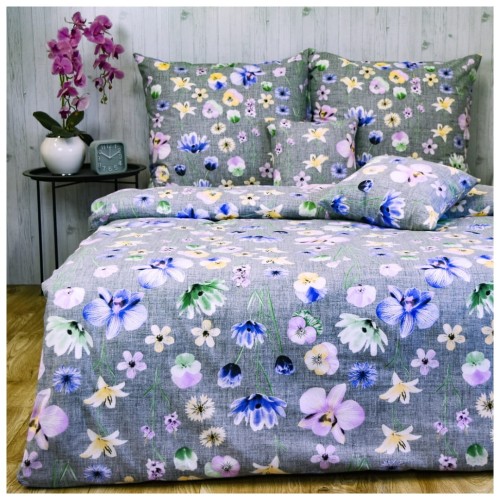 Komplet Pościeli Bawełnianej 160x200 2x70/80 Malowane Bratki Na Szarym