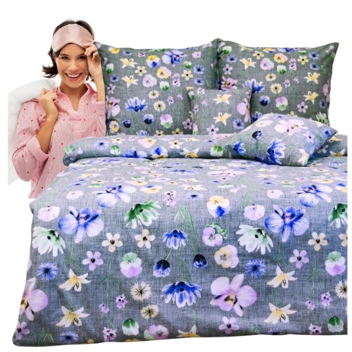 Komplet Pościeli Bawełnianej 160x200 2x70/80 Malowane Bratki Na Szarym