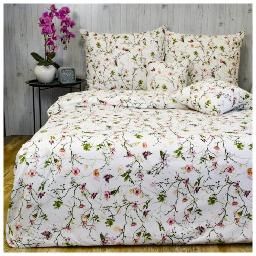 Komplet Pościeli Bawełnianej 160x200 2x70/80 Powoje Z Motylem Białe