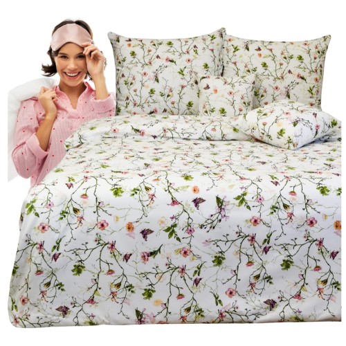 Komplet Pościeli Bawełnianej 160x200 2x70/80 Powoje Z Motylem Białe