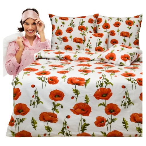 Komplet Pościeli Flanelowej 160x200 2x70/80 Maki Na Białym