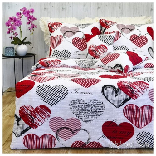 Komplet Pościeli Kora 200x220 2x70/80 Serca Z Napisami Czerwone