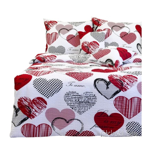 Komplet Pościeli Kora 200x220 2x70/80 Serca Z Napisami Czerwone