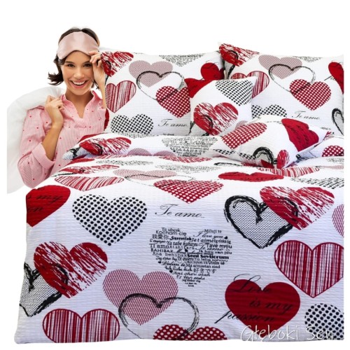 Komplet Pościeli Kora 200x220 2x70/80 Serca Z Napisami Czerwone