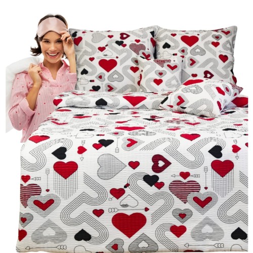 Komplet Pościeli Kora 140x200 2x70/80 Serca Kreski Czerwone