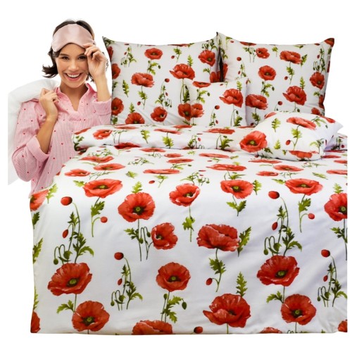 Komplet Pościeli Bawełnianej 140x200 1x70/80 Maki Na Białym