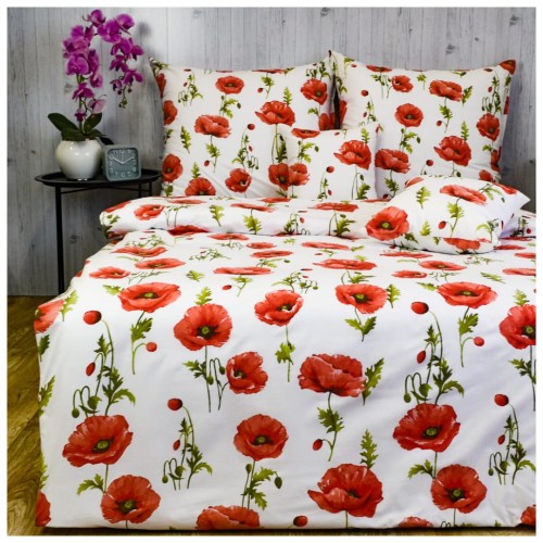 Komplet Pościeli Bawełnianej 140x200 2x70/80 Maki Na Białym