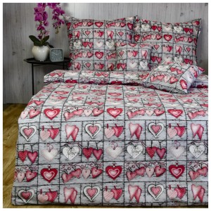 Komplet Pościeli Bawełnianej 160x200 2x70/80 Serca Na Desce Czerwone