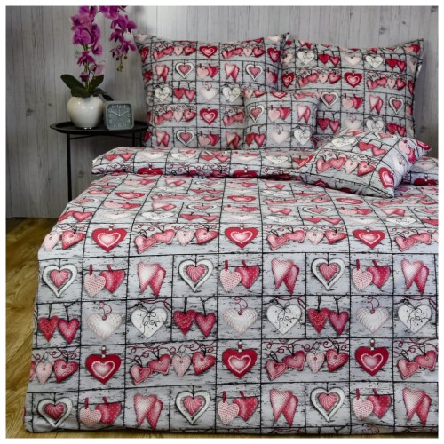 Komplet Pościeli Bawełnianej 140x200 1x70/80 Serca Na Desce Czerwone