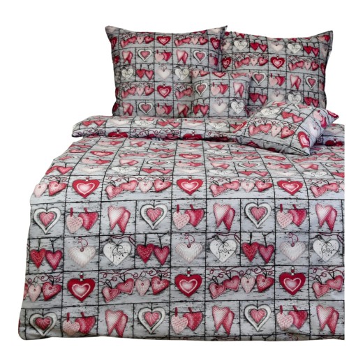 Komplet Pościeli Bawełnianej 140x200 1x70/80 Serca Na Desce Czerwone