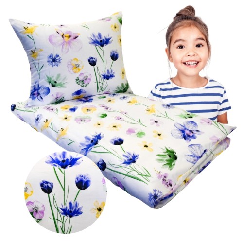 Komplet Pościeli Dziecięcej 90x120 + 50x60 Malowane Bratki Na Białym