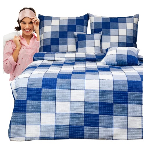 Komplet Pościeli Kora 200x220 2x70/80 Krata 3D Niebieska