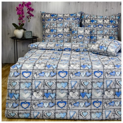 Komplet Pościeli Kora 160x200 2x70/80 Serca Na Desce Niebieskie