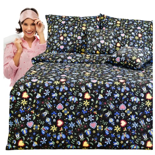 Komplet Pościeli Bawełnianej 200x220 2x70/80 Kaszuby Czarne