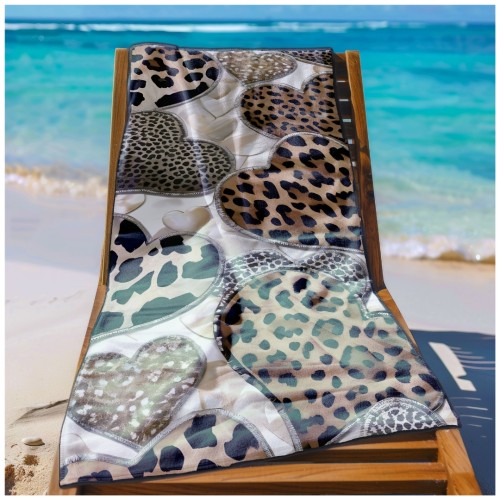 Ręcznik Plażowy Kąpielowy XXL 100x180 Serca Panterki Szybkoschnący R128