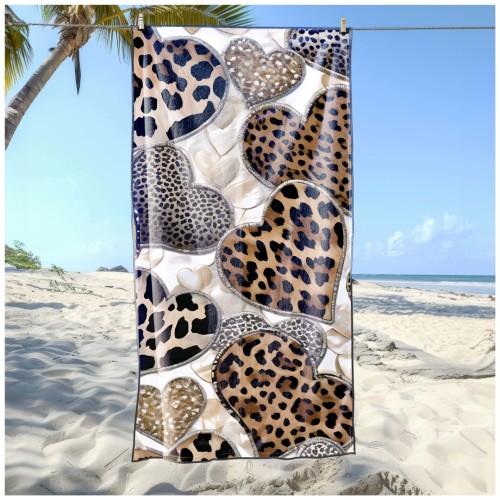 Ręcznik Plażowy Kąpielowy XXL 100x180 Serca Panterki Szybkoschnący R128