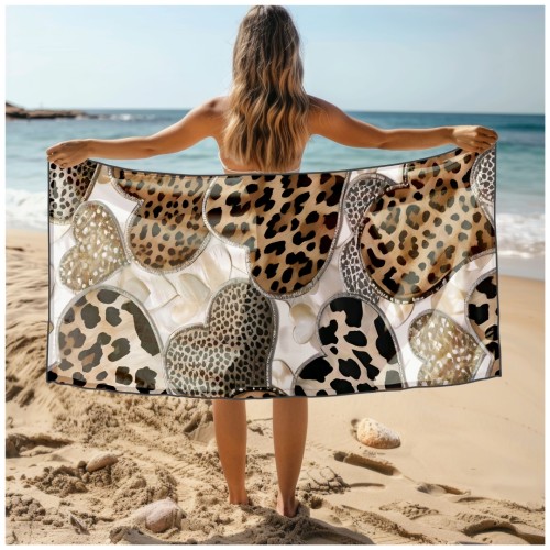 Ręcznik Plażowy Kąpielowy XL 70x140 Serca Panterki Szybkoschnący R128