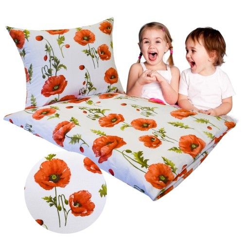 Komplet Pościeli Dziecięcej 100x135 + 40x60 Maki Na Białym