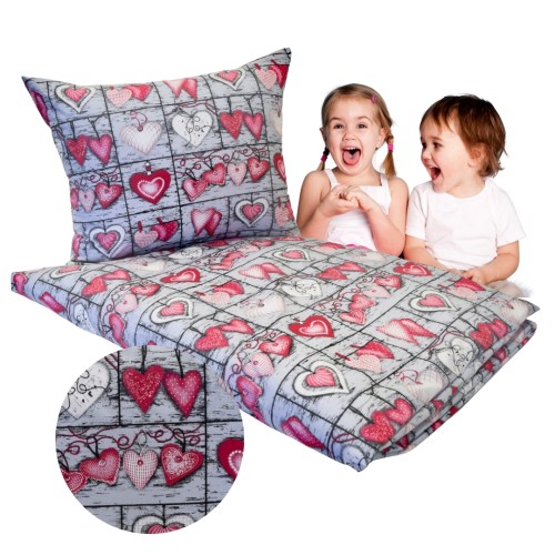 Komplet Pościeli Dziecięcej 100x160 + 50x60 Serca Na Desce Czerwone