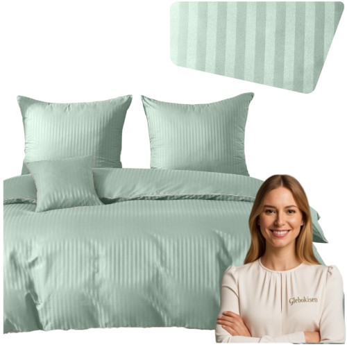 Pościel Z Lamówką 220x200 2x70x80 Miętowa Adamaszkowa Pasy 1Cm