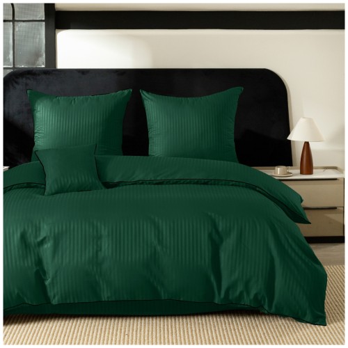 Pościel Z Lamówką 220x200 2x70x80 Butelkowa Zieleń Adamaszkowa Pasy 1Cm