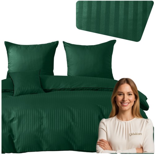 Pościel Z Lamówką 220x200 2x70x80 Butelkowa Zieleń Adamaszkowa Pasy 1Cm