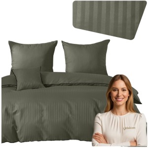 Pościel Z Lamówką 220x200 2x70x80 Oliwkowy Adamaszkowa Pasy 1Cm