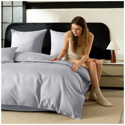 Pościel Z Lamówką 220x200 2x70x80 Silver Adamaszkowa Pasy 1Cm