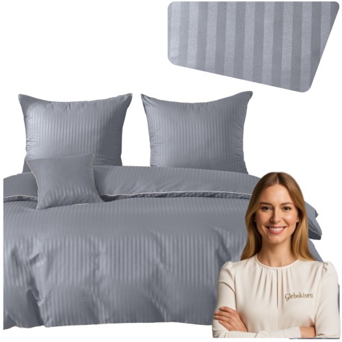 Pościel Z Lamówką 220x200 2x70x80 Silver Blue Adamaszkowa Pasy 1Cm