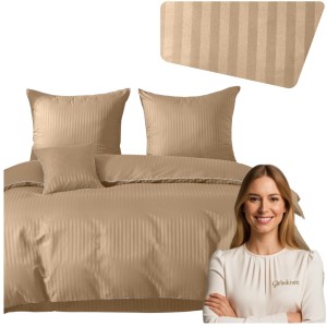 Pościel Z Lamówką 220x200 2x70x80 Cappuccino Adamaszkowa Pasy 1Cm