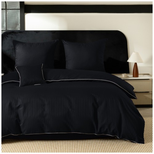 Pościel Z Lamówką 220x200 2x70x80 Czarna Adamaszkowa Pasy 1Cm