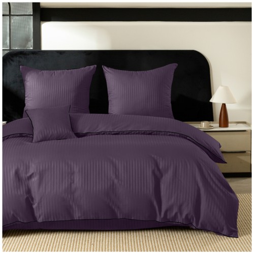 Pościel Z Lamówką 220x200 2x70x80 Fioletowa Adamaszkowa Pasy 1Cm