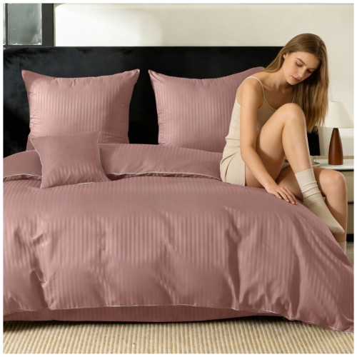 Pościel Z Lamówką 220x200 2x70x80 Pudrowy Róż Adamaszkowa Pasy 1Cm